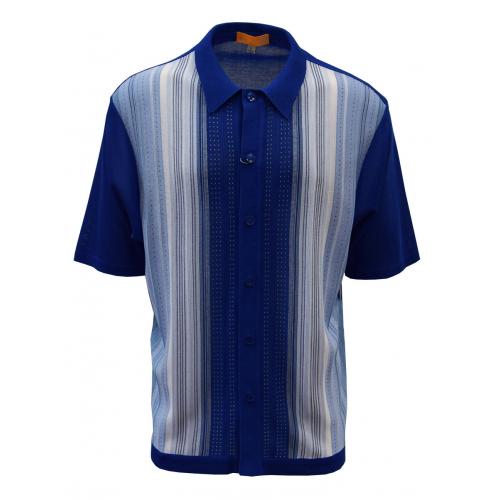 Silversilk Sapphire Blue / Powder Blue / White Button Up Knitted Short Sleeve Shirt 4106